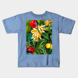 tropical exotic botanical illustration with floral tropical fruits, botanical illustration, tropical fruit, Blue fruit pattern over a Kids T-Shirt